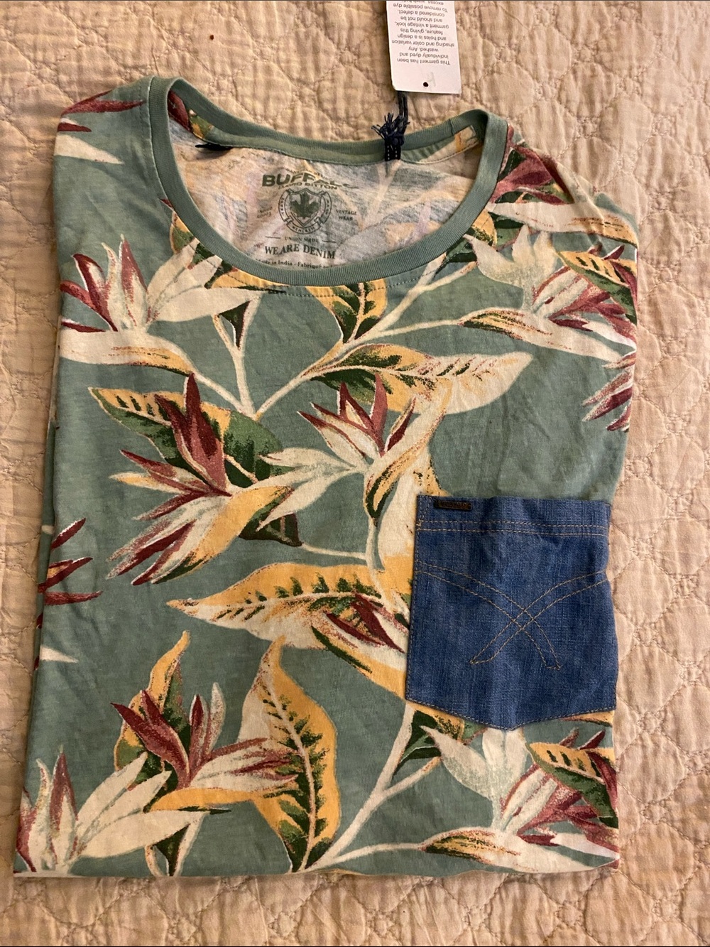 Buffalo David Bitton Sage Green Floral Short-Sleeve Tee with Blue Pocket